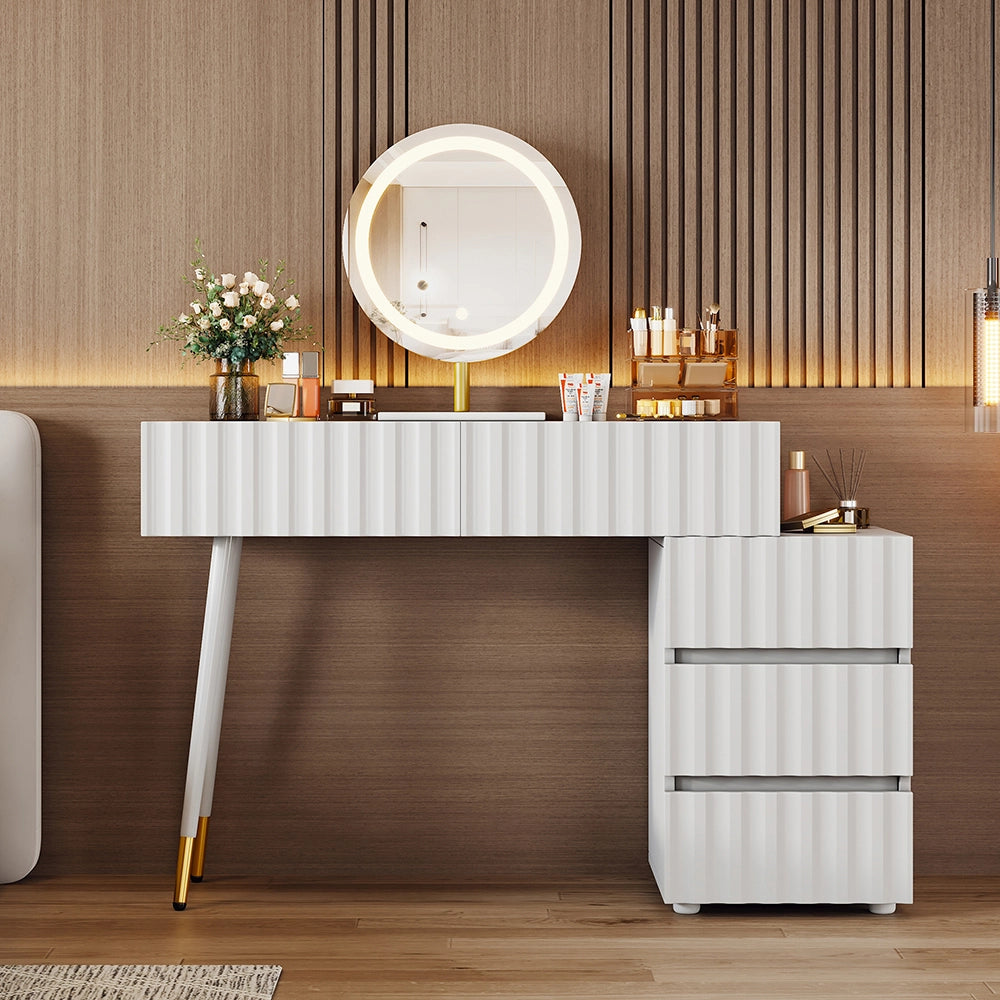 Coiffeuse con specchio LED e illuminazione - Xylo - L100/H127/P40 cm - Bianco - 5 cassetti spaziosi