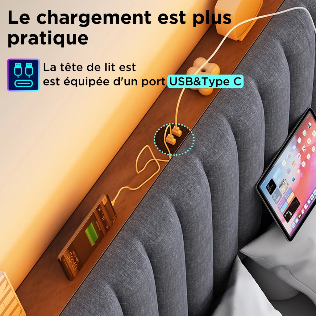 Letto Contenitore 160x200 cm; USB; USB-C e LED Regolabile - in Lino - Grigio