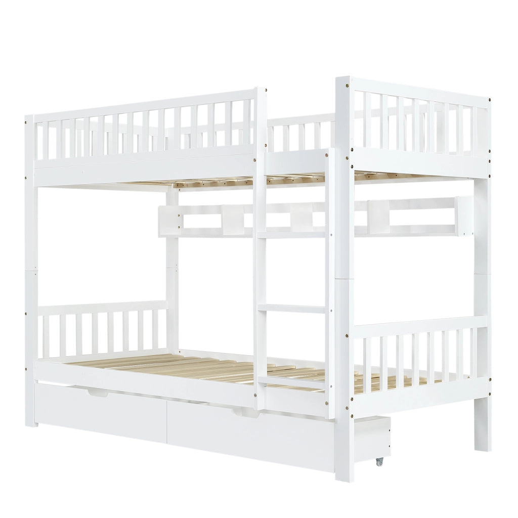 Letto a soppalco per bambini - Zephmum- 3 piani, scala, griglia di sicurezza, ripiani, cassetti, bianco, 90x200cm