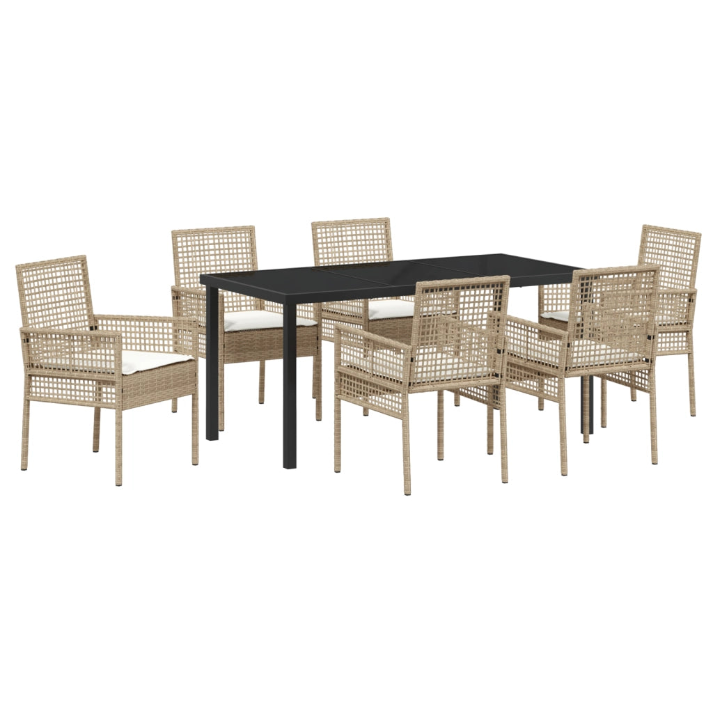Set da Pranzo da Giardino da 7 Pezzi con Cuscini Beige Polyrattan