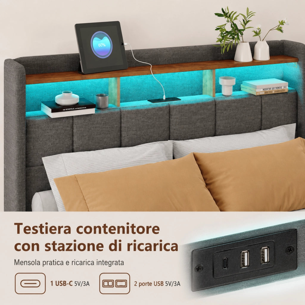 Letto matrimoniale 180x200 cm tessuto grigio, testiera contenitore con ricarica USB e USB-C, LED RGB APP telecomando, 4 cassetti estraibili