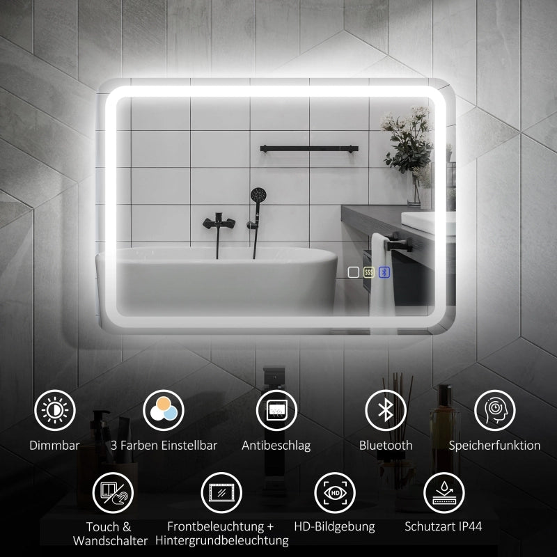 Specchio da bagno con illuminazione 50x70 cm, specchio a LED da parete con funzione musicale Bluetooth, interruttore touch, funzione memoria,