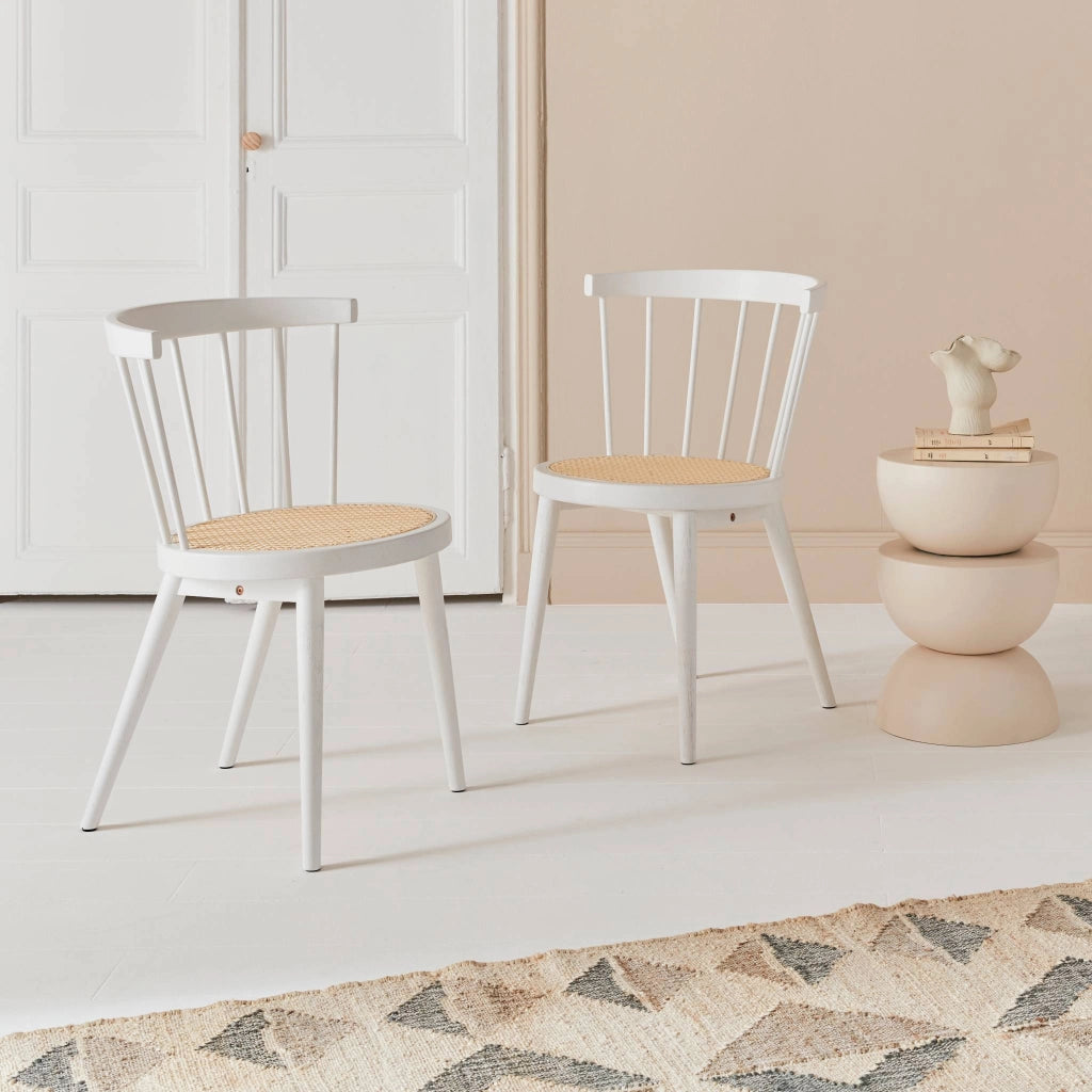 Set di 2 sedie in legno e rattan intrecciato, stile vimini, bianco