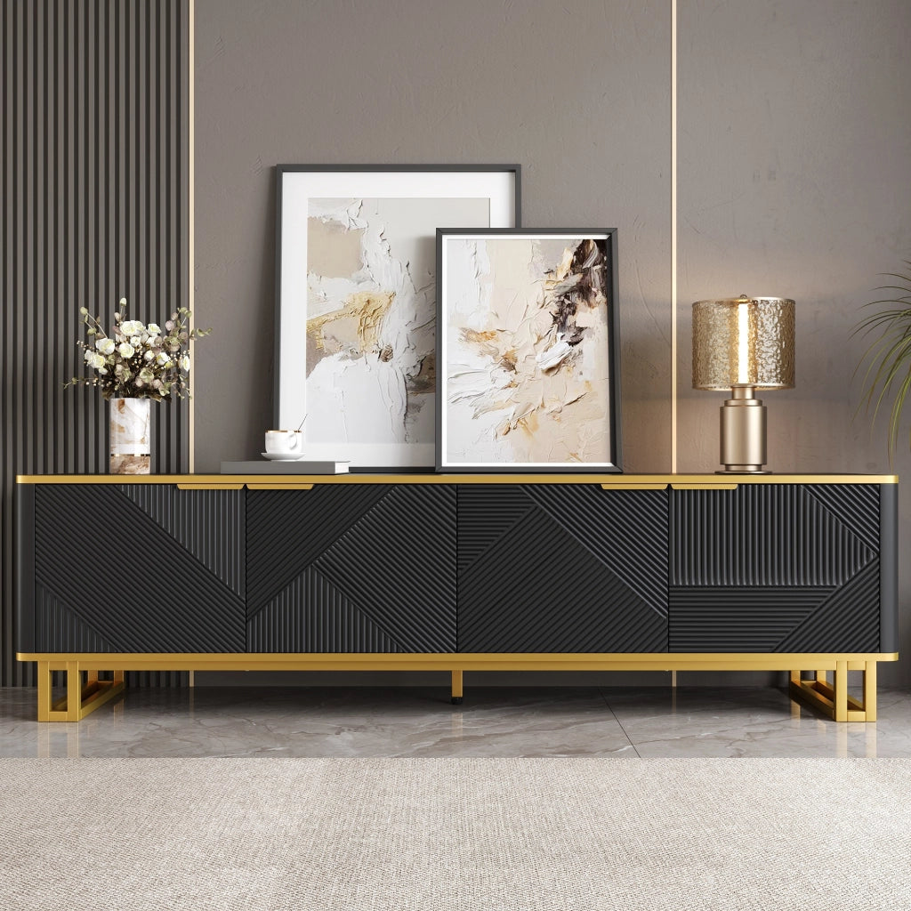 Mobile TV geometrico con quattro ante, struttura in MDF e telaio in ferro, 160 x 37,5 x 48 cm, nero