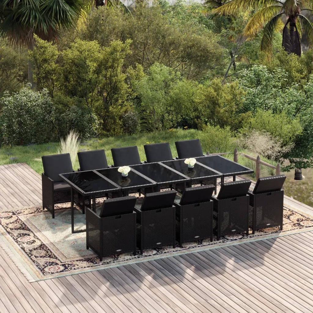Set da Pranzo da Giardino 11 pz con Cuscini in Polyrattan Nero 3095585