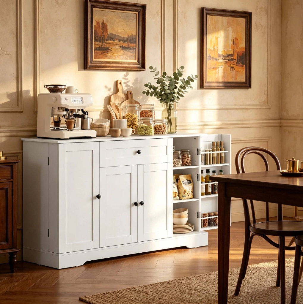 Buffet bianco 140 cm con 4 ante, cassetto e ripiani regolabili in MDF e truciolato