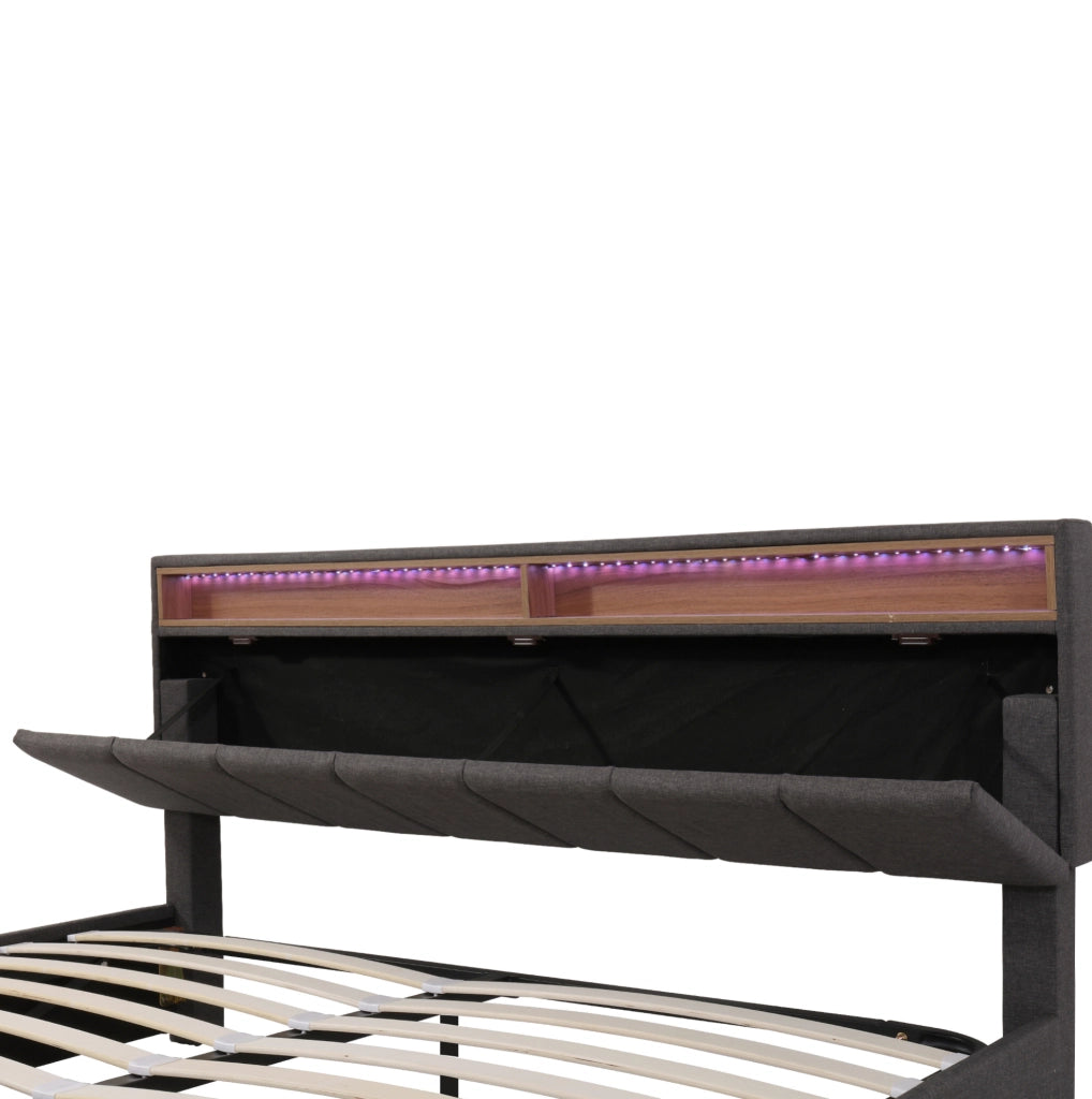 Letto imbottito 160x200 cm con LED; rete a doghe; vano contenitore; lino grigio scuro