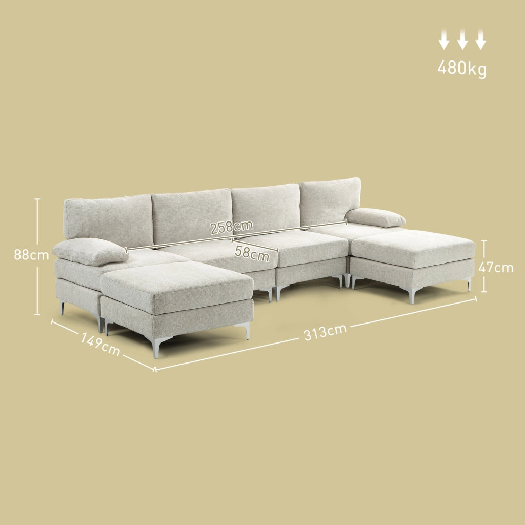 Divano Angolare 4 Posti con Poggiapiedi e Cuscini ¨C zephmum ¨C Tessuto Ciniglia Bianco Crema 313x149x88