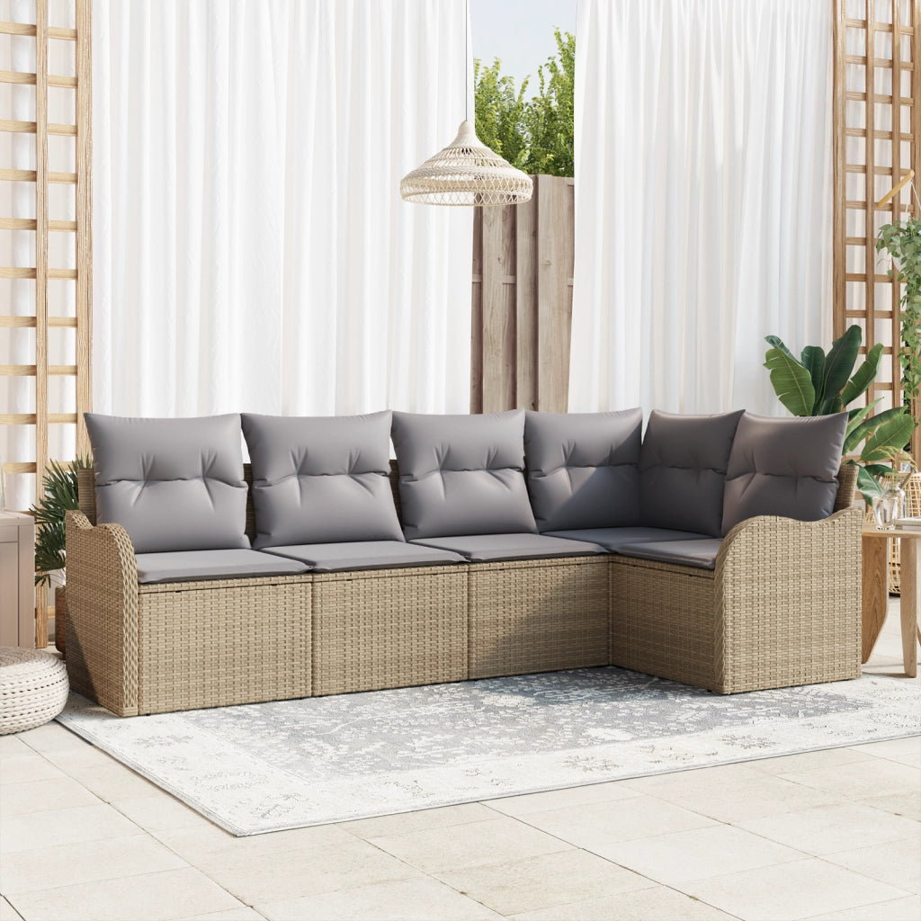 Set divano da giardino  5 pezzi con cuscini beige in rattan poliestere