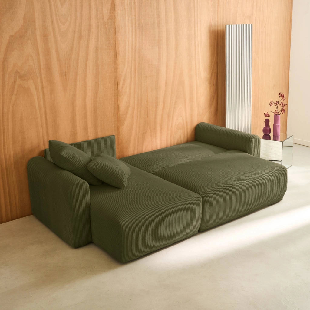 Divano letto angolare reversibile in velluto a coste, 3 posti, verde