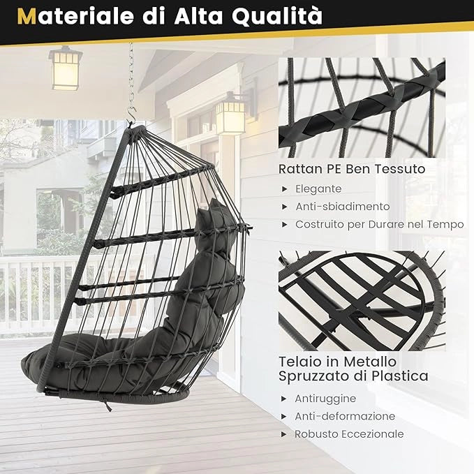 Sedia Sospesa a Uovo, Sedia Amaca con Cuscino per Testa e Seduta, Sedia a Dondolo in Vimini da Interno/Esterno, Design Pieghevole Salvaspazio, Capacità 150 kg