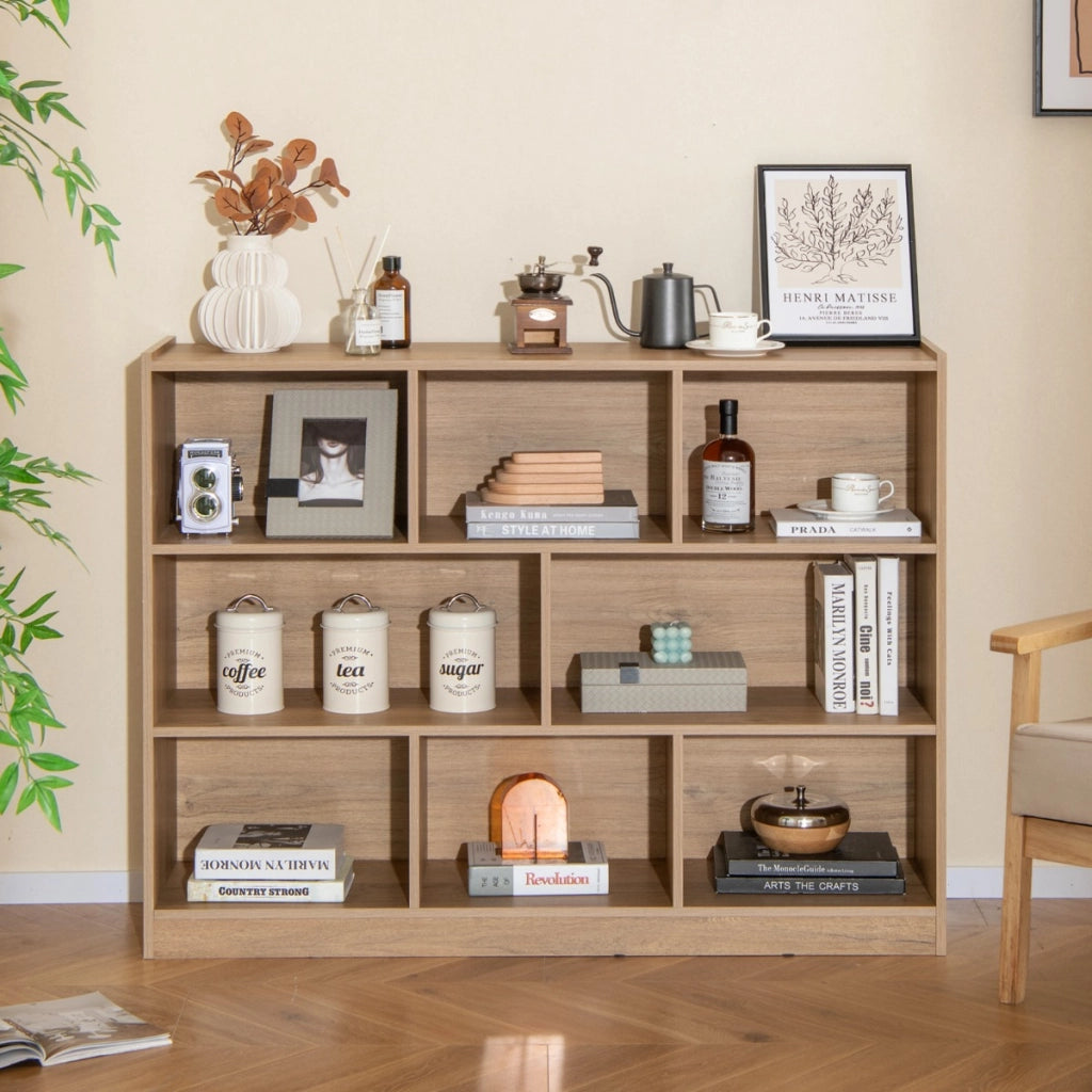 Libreria a 3 livelli in legno, Mobiletto espositore moderno a 8 cubi da salotto camera da letto studio Naturale-Librerie