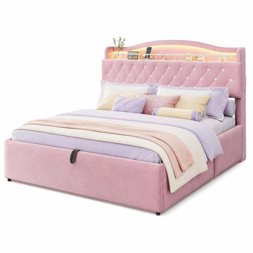 Letto imbottito 180x200 cm rosa con contenitore idraulico; USB e USB-C; testiera con LED