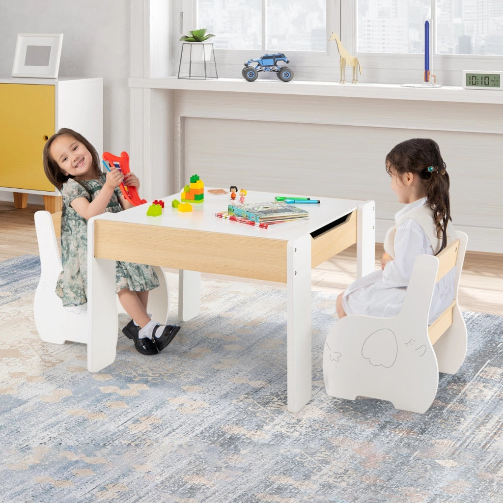 Set di tavolo e sedie per bambini con deposito lavagna rimovibile-Set di mobili 3 PCS per ragazzi e ragazze Bianco