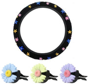 Protezione del volante con fiori ricamati - Copertura del volante con piuma artificiale - Decorative clip - Clip per aromaterapia - Design antiscivolo - Adatto per diametro di sterzo 38 cm