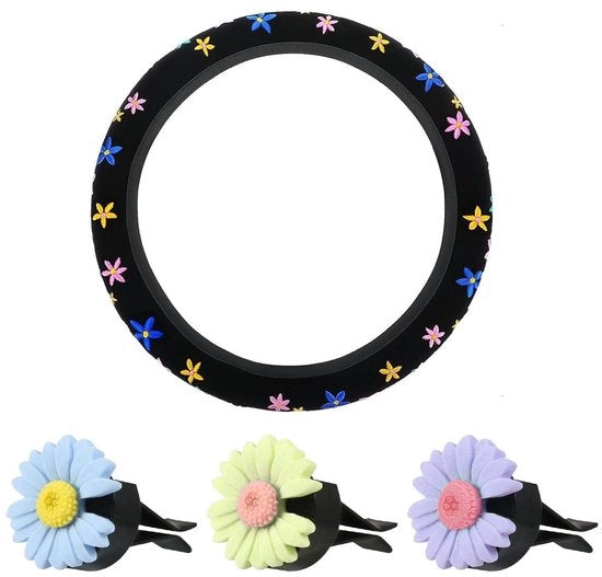 Protezione del volante con fiori ricamati - Copertura del volante con piuma artificiale - Decorative clip - Clip per aromaterapia - Design antiscivolo - Adatto per diametro di sterzo 38 cm