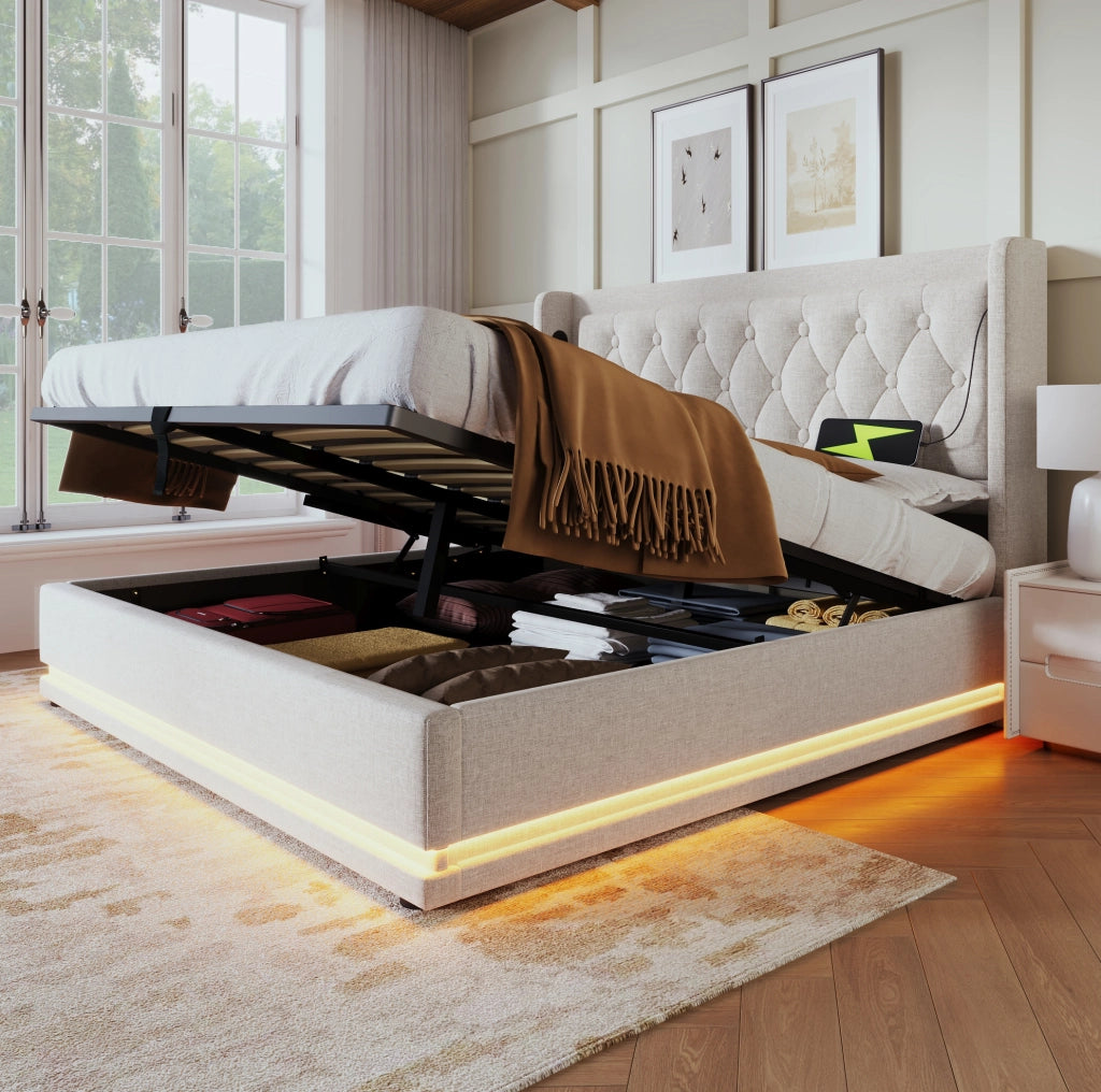 Letto matrimoniale imbottito 160x200 cm con contenitore, USB, Type-C e LED a 3 lati