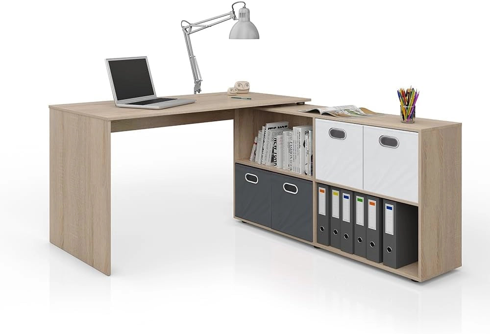 Scrivania angolare FlexPlus, Sonoma, 137 x 60 cm, con scaffale aperto e possibilità di posizionamento variabile