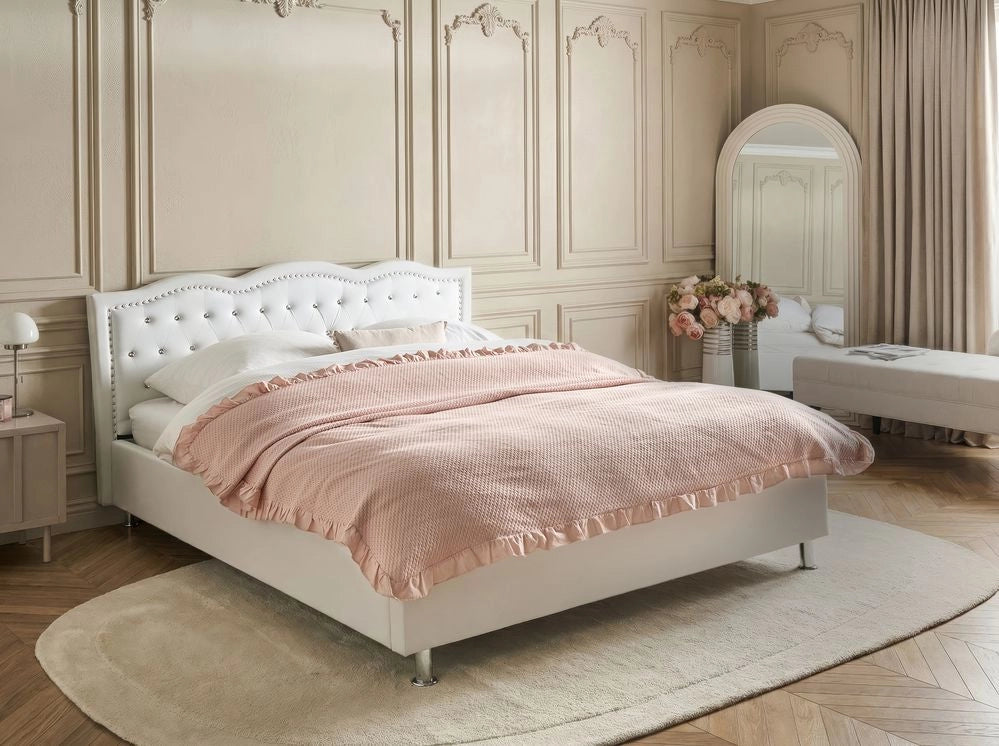 Letto 160 x 200 cm Bianco Ecopelle Cornice Imbottita Bottoni In Cristallo Bottoni Poggiatesta