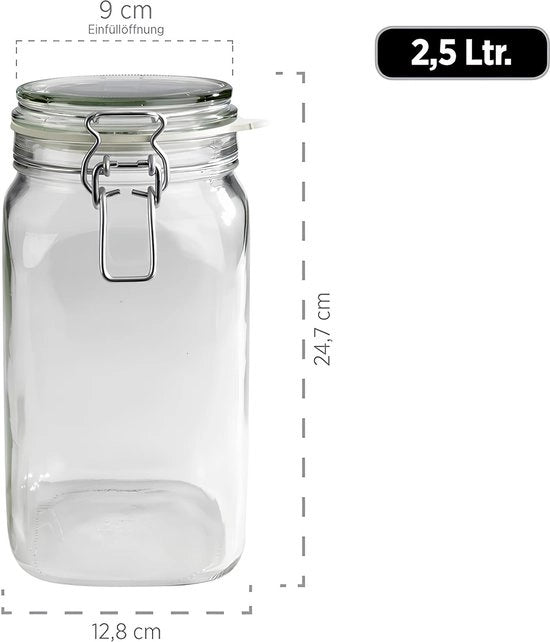 Set di conservazione 6x 2,5 l, made in Germany, contenitori di vetro con coperchio e chiusura a vite per conservazione a vuoto, sterilizzazione e servizio, vetro, trasparente