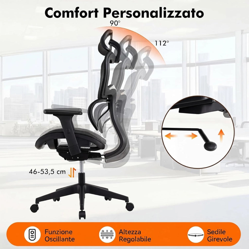 Sedia da Ufficio Ergonomica, Schienale Reclinabile | Poggiatesta Regolabile e Supporto Lombare, Altezza Regolabile, Poltrona con Ruote per Studio, Portata 125 kg