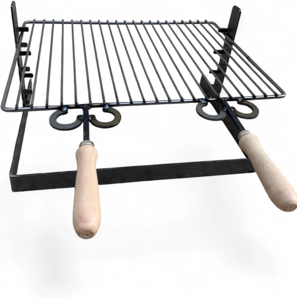Griglia in ferro regolabile su più altezze, bistecchiera con manici in legno, per barbecue e camino per carne pesce verdure 50x36cm