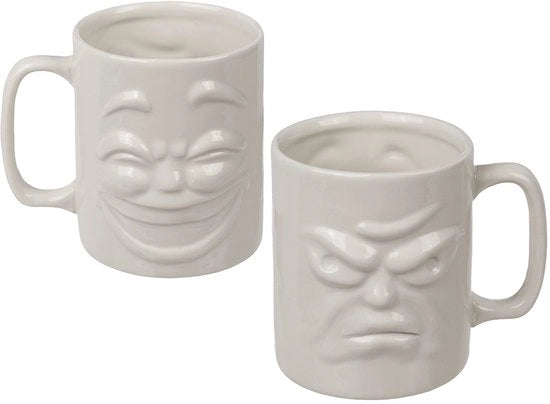 Tazza da Tè con Manico - 3D Facce Felice & Arrabbiato - Ceramica Bianca - Capacità 280ml - Adatto per Ufficio - 9 cm di Altezza