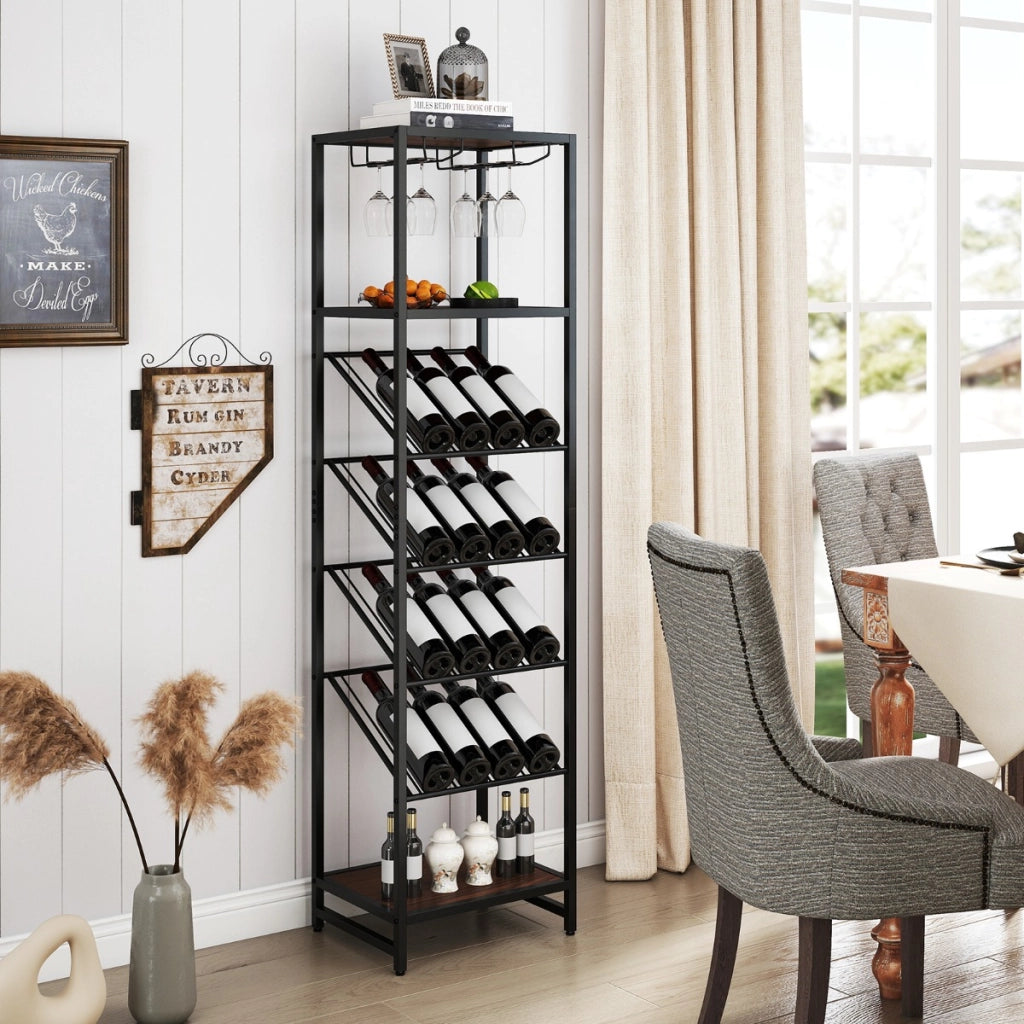 Supporto per liquori con portabicchieri design anti-ribaltamento, Portabottiglie da vino indipendente a 7 livelli Nero-Portabottiglie