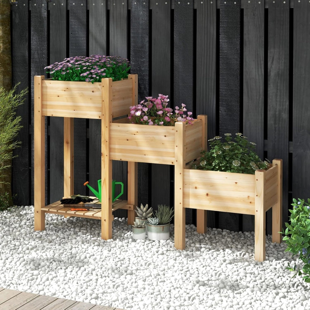 Aiuola da Giardino Rialzata a 3 Livelli in Legno con Ripiano, 3 Fioriere Rialzate, Fori di Drenaggio, Fioriera da Giardino per Frutta, Verdura, Fiore, Erba, 161 cm x 43 cm x 104 cm