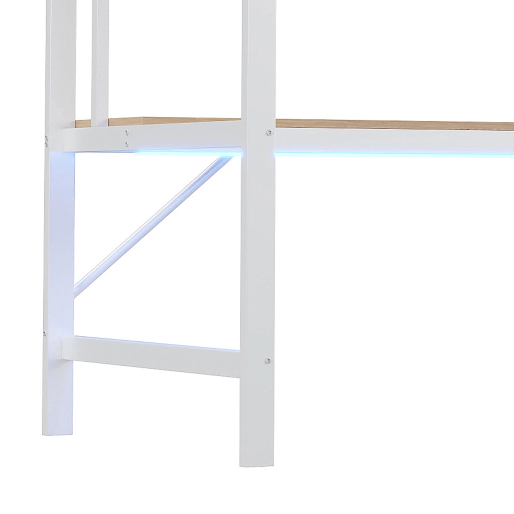 OKWISH Letto a soppalco 90×200 cm, Letto Singolo con Sponda, Scala, USB, Presa, LED Regolabile, Scrivania e Mensole, senza Materasso, Bianco