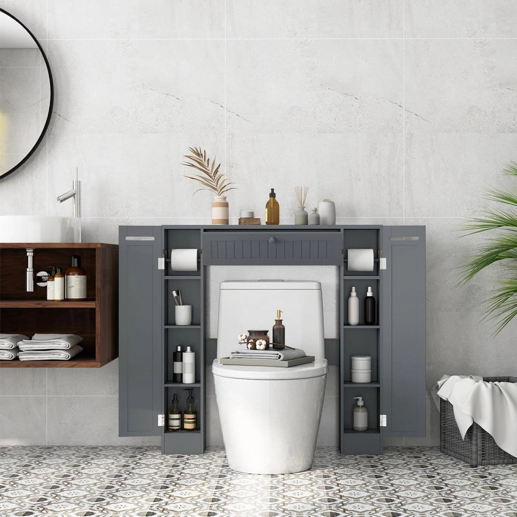 Mobile per Lavatrice, Mobile sopra Toilette, Mobiletto Bagno sopra Toilette, Armadietto da Incasso, in Legno, con Anta, Bagno Salvaspazio, con Porta Carta Igienica (Grigio)