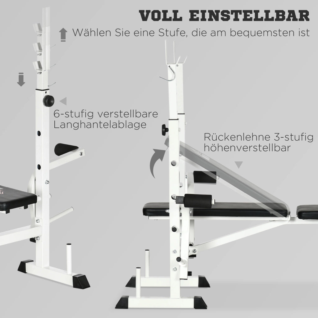 Panca pesi con pressa per gambe, supporto per bilanciere e braccioli per un allenamento efficace con i pesi, bianco e nero