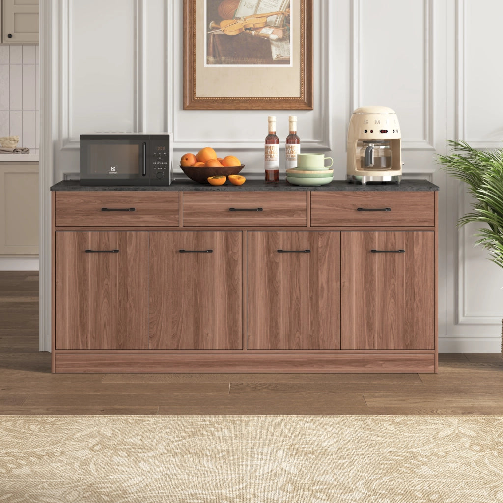 Credenza da Cucina con 3 Cassetti e Ripiani Regolabili ¨C MINIMAL ¨C Effetto Cemento e Noce, 76,5x160x37cm