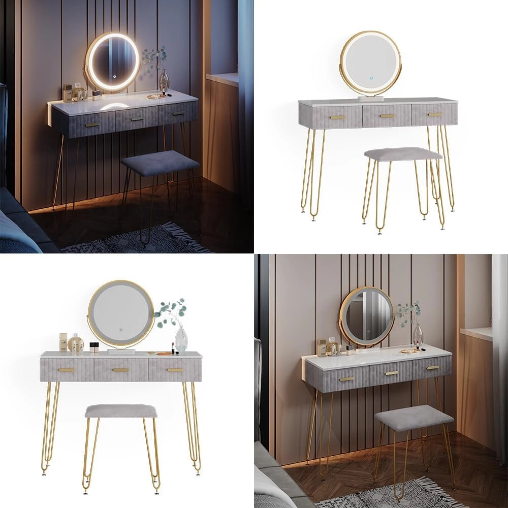 Vicco Tavolo da toeletta Layla, Grigio, 100 cm con illuminazione LED e sgabello, con illuminazione a LED e panca imbottita