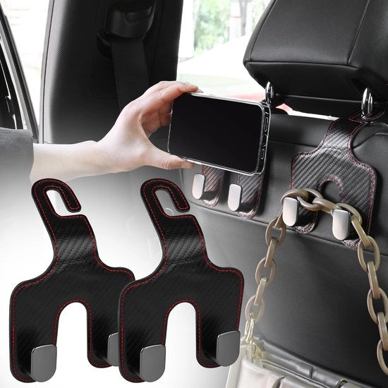 Auto Bag Haken 2 in 1, 2 Pacchi Supporto Cervicale in Pelle, Beugolo per Auto, Porta Borse e Borse da Spesa (Linee Nera e Rossa)