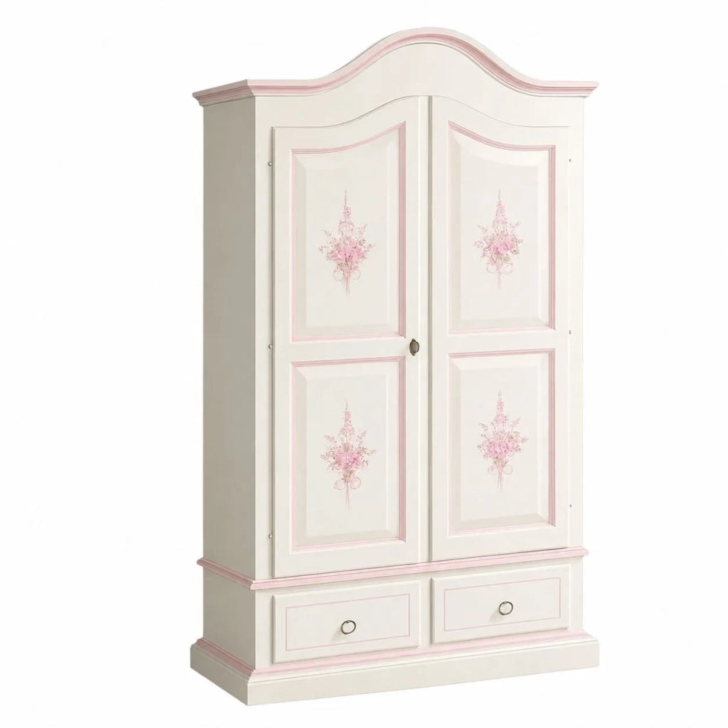 Armadio in legno shabby bianco con decori rosa 122x60x200 (1320) - Mobili 2G