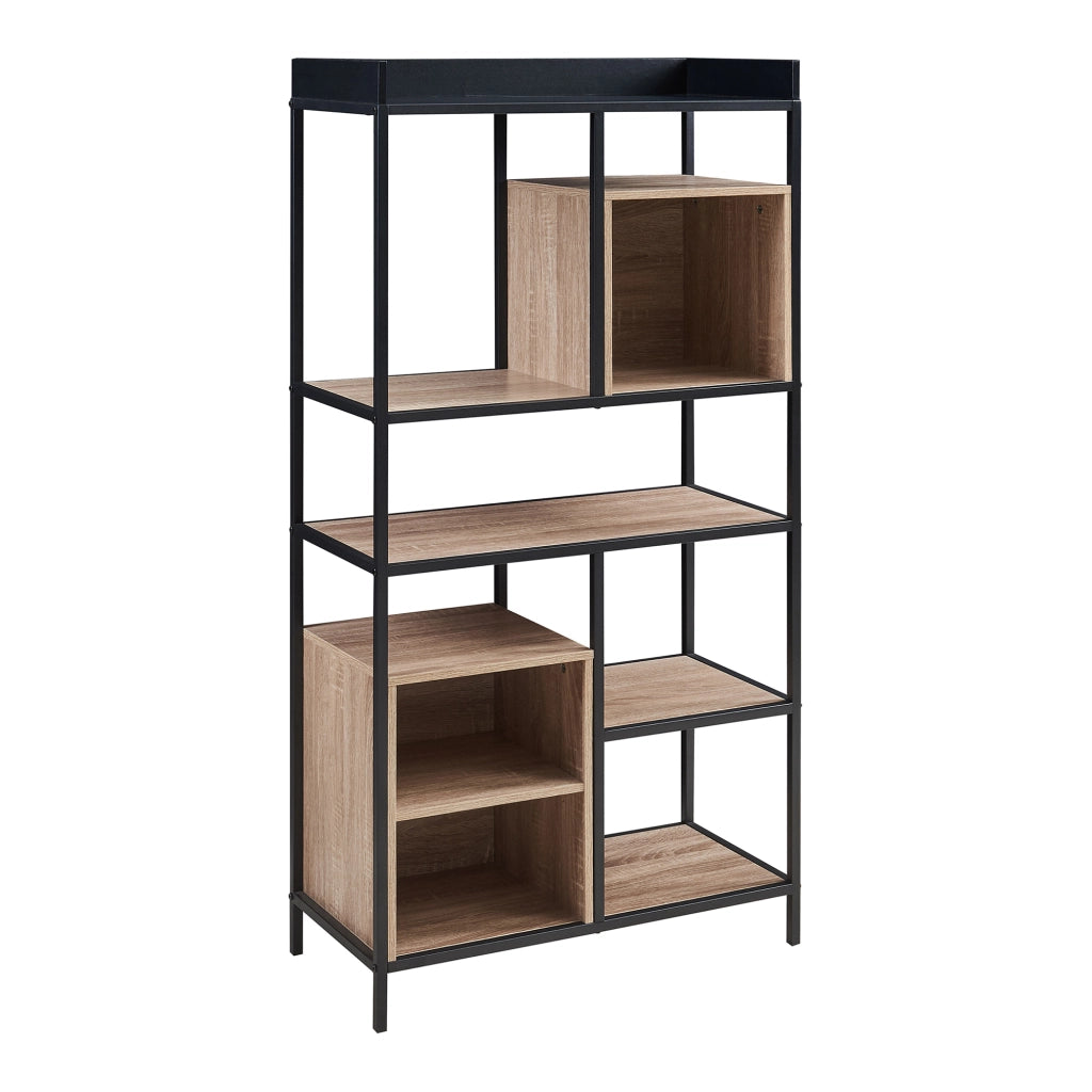 Libreria Belana Scaffale da Terra con Scomparti Aperti 137 x 70 x 33 cm - Nero/Effetto Rovere [en.casa]