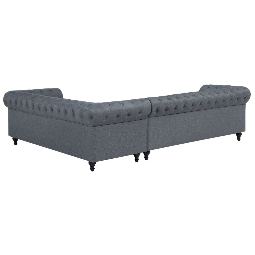 Divano Chesterfield versione sinistra In Tessuto Ad Angolo Rivestimento In Tessuto Grigio Gambe In Legno Scuro Chaise 6 Posti Contemporanea
