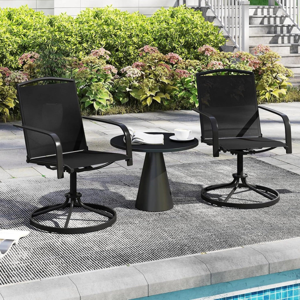 Set di 2 Sedie da Patio Girevoli, Poltrone a Dondolo in Rete a 360° con Schienale Alto e Base Rotonda in Metallo, Sedia a Dondolo Robuste per Giardino Balcone, Portata 150 kg (Nero)