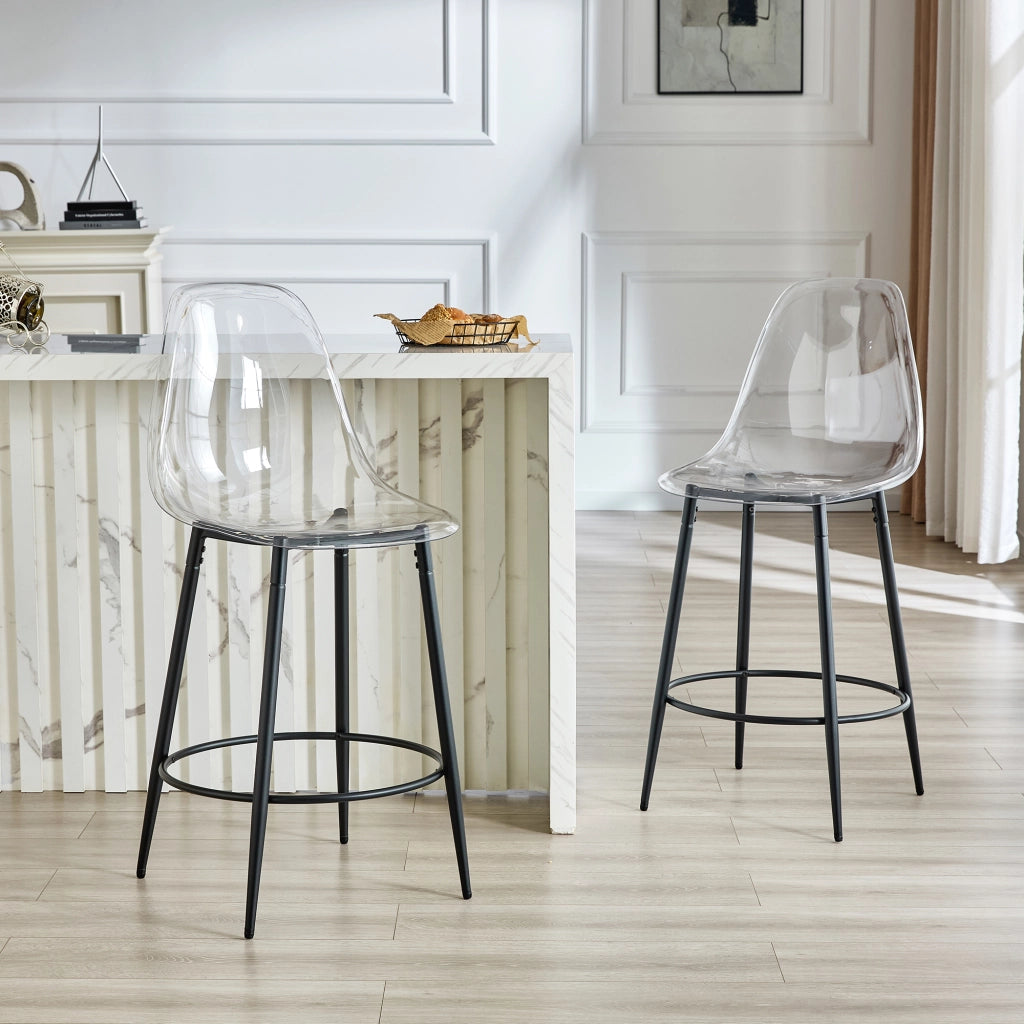 Set di 2 Sgabelli da Bar; Schienale Trasparente; Piedini Regolabili; per Cucina e Isola; Plastica e Metallo; Trasparente e Nero