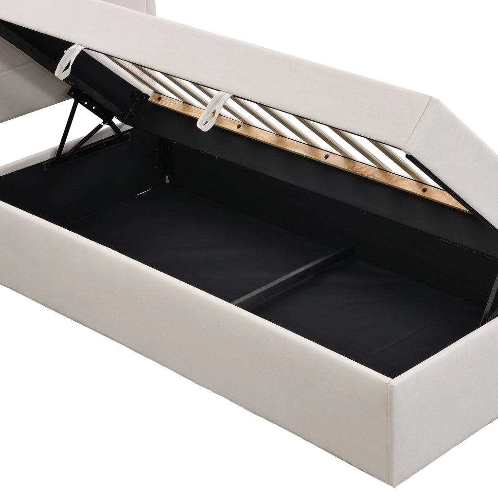 Letto singolo imbottito beige 90x200 cm con rete a doghe e contenitore