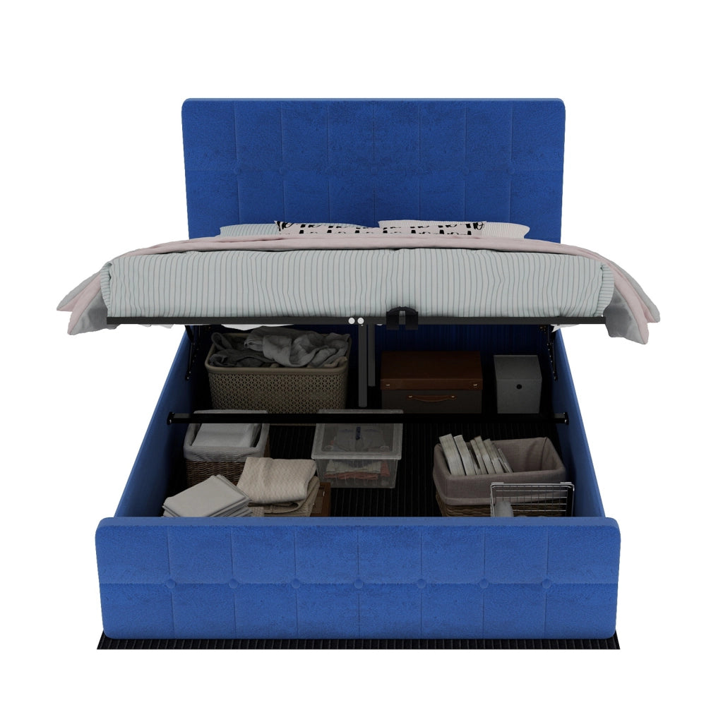 Letto imbottito 140x200 cm in velluto blu con testiera capitonné