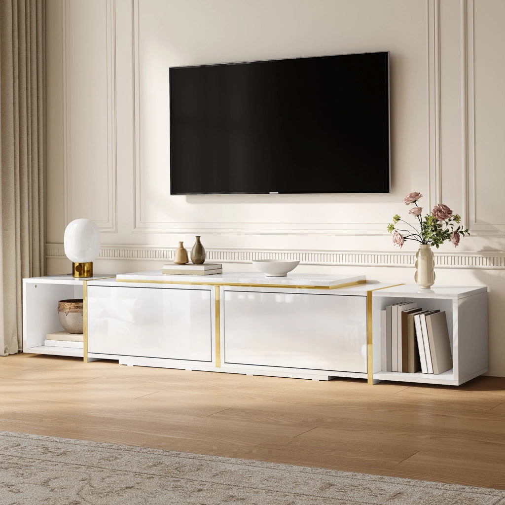 Mobile TV con elementi estraibili; vani aperti e passacavi - per soggiorno - 275×35×37 cm - in truciolare - bianco