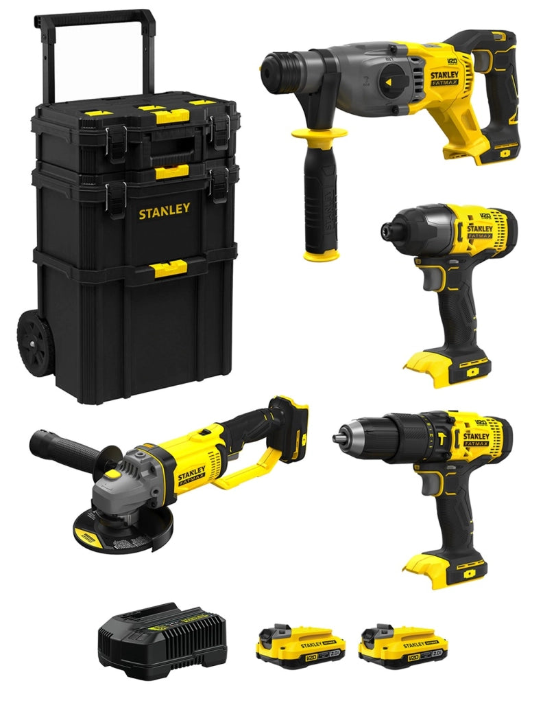 STANLEY FatMax Kit SVK400 (SFMCH900  + SFMCG400  + SFMCD711 + SFMCF800 + 2 x 2,0 Ah + Caricabatteria + Caddy 3in1)