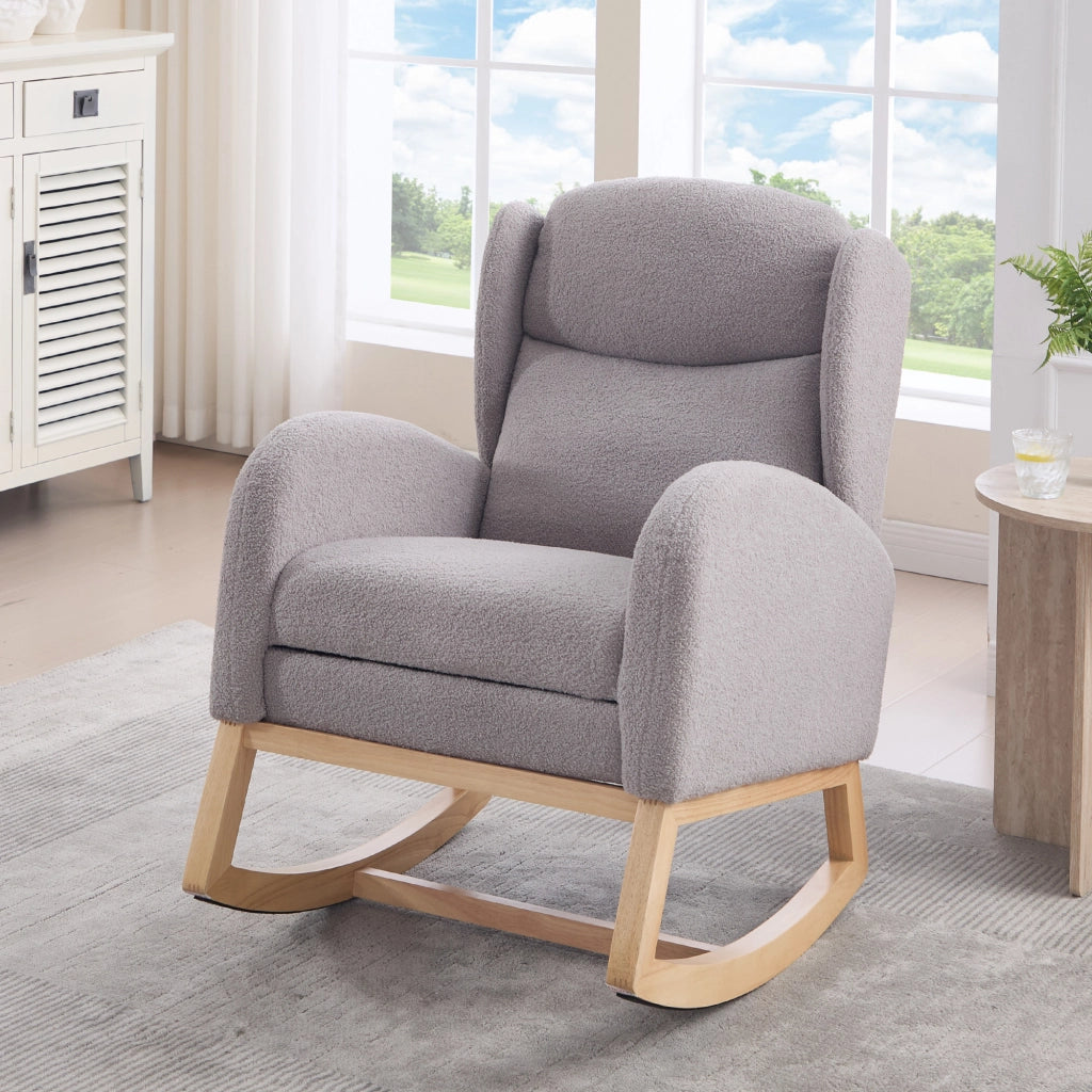 Poltrona a Dondolo con Poggiapiedi ¨C MINIMAL ¨C Tessuto Teddy, Schienale Alto, Grigio