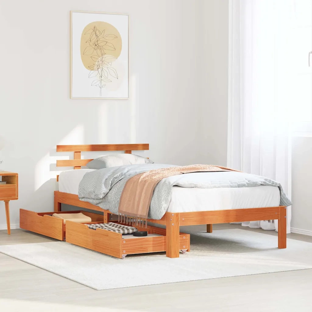 Letto singolo | Letto per adulti | Giroletto Cassetti Marrone Cera 100x200 cm Legno Massello Pino