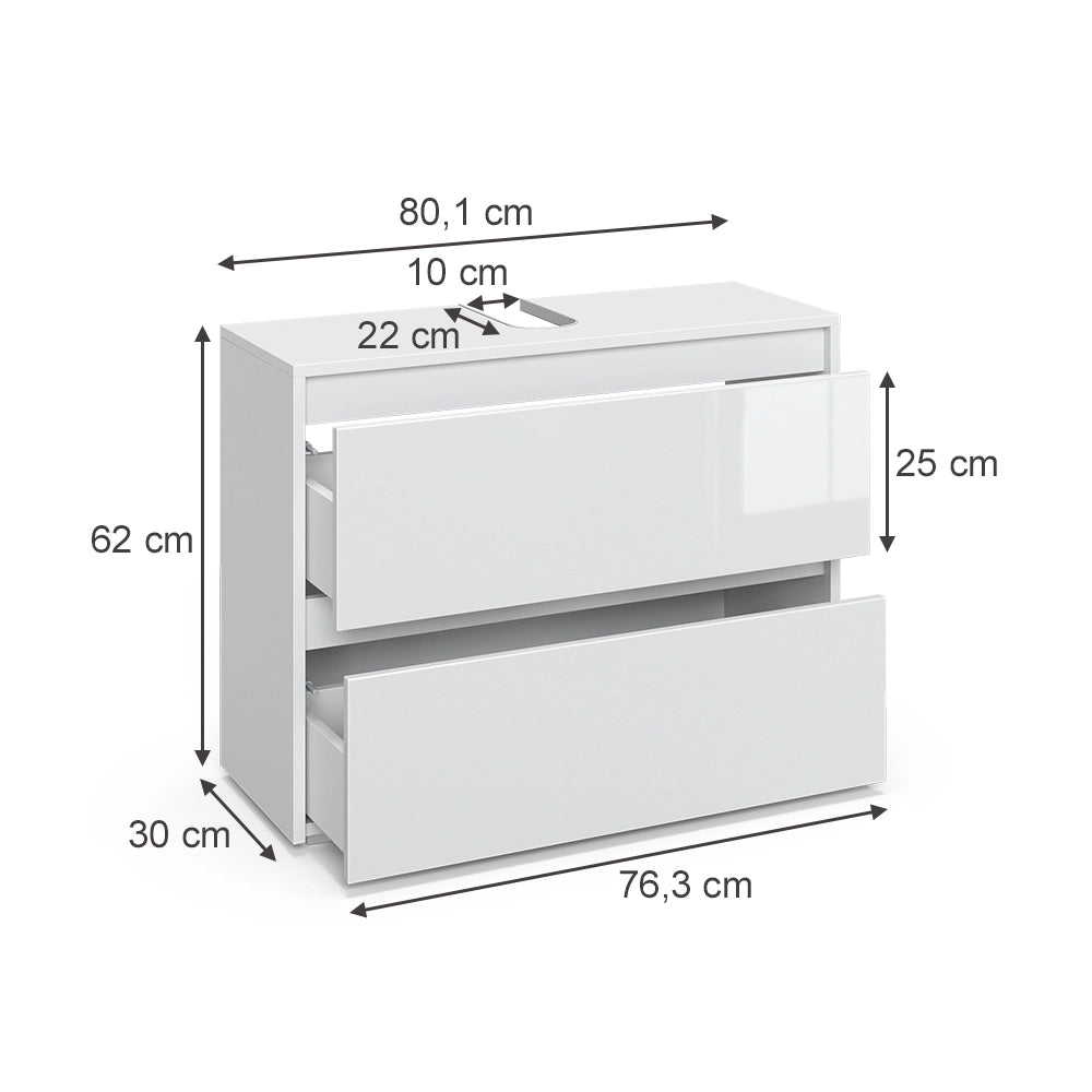 Vicco Mobile sottolavabo per bagno Bianco/bianco lucido 80.1 x 62 cm con 2 cassetti
