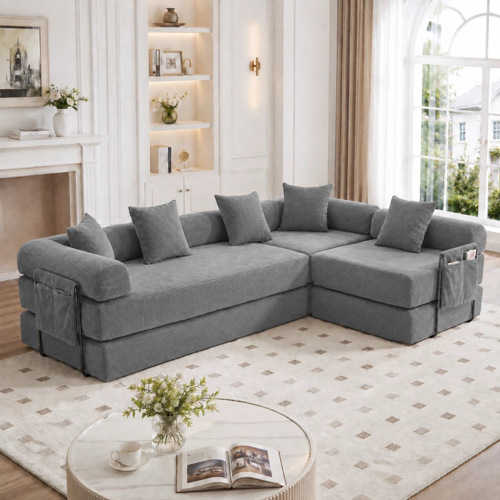 DIVANO Modulare con tasca laterale 270 x 180 x 64 cm in velluto a coste grigio scuro