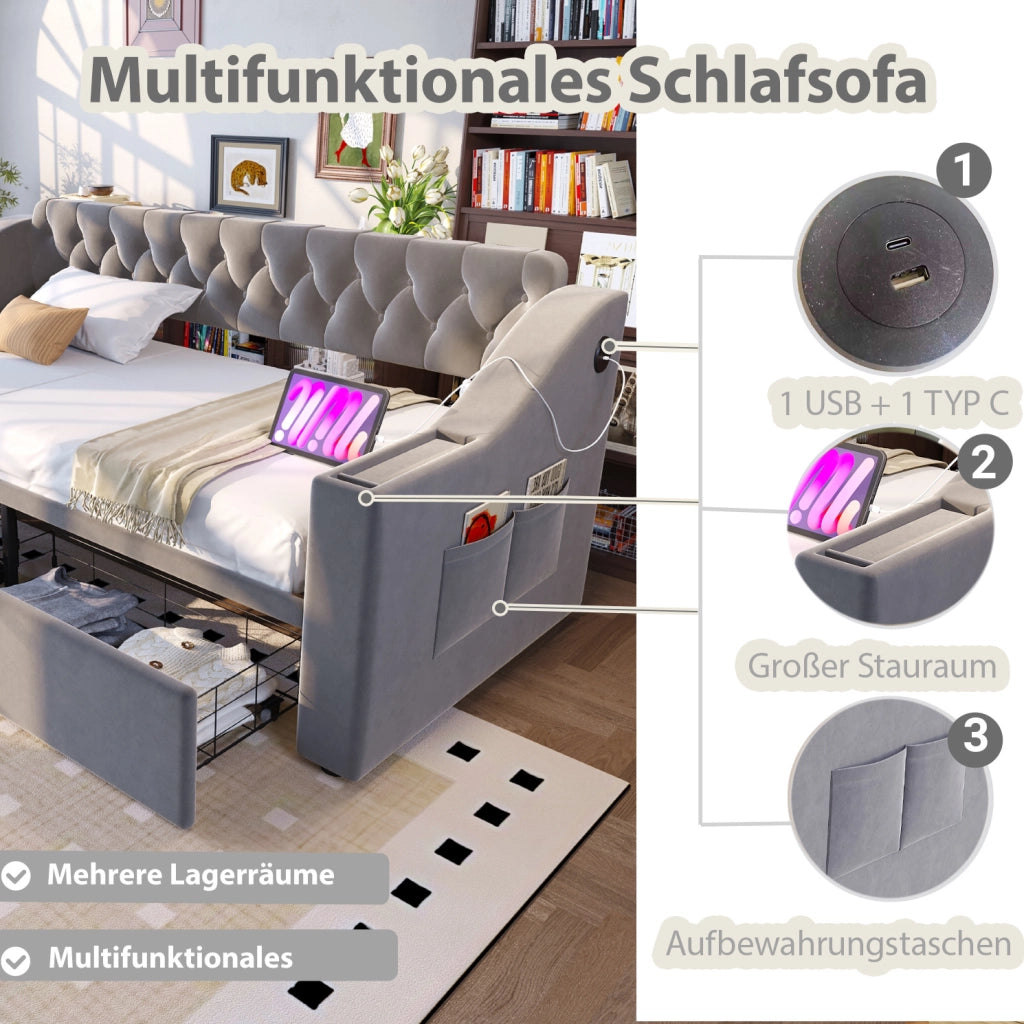 Divano letto imbottito 90x190 cm con cassetti; USB e USB-C in velluto grigio chiaro