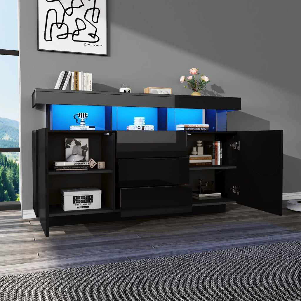 Sideboard moderno lucido nero 140 x 35 x 80 cm con LED, 3 cassetti e 2 vani contenitori